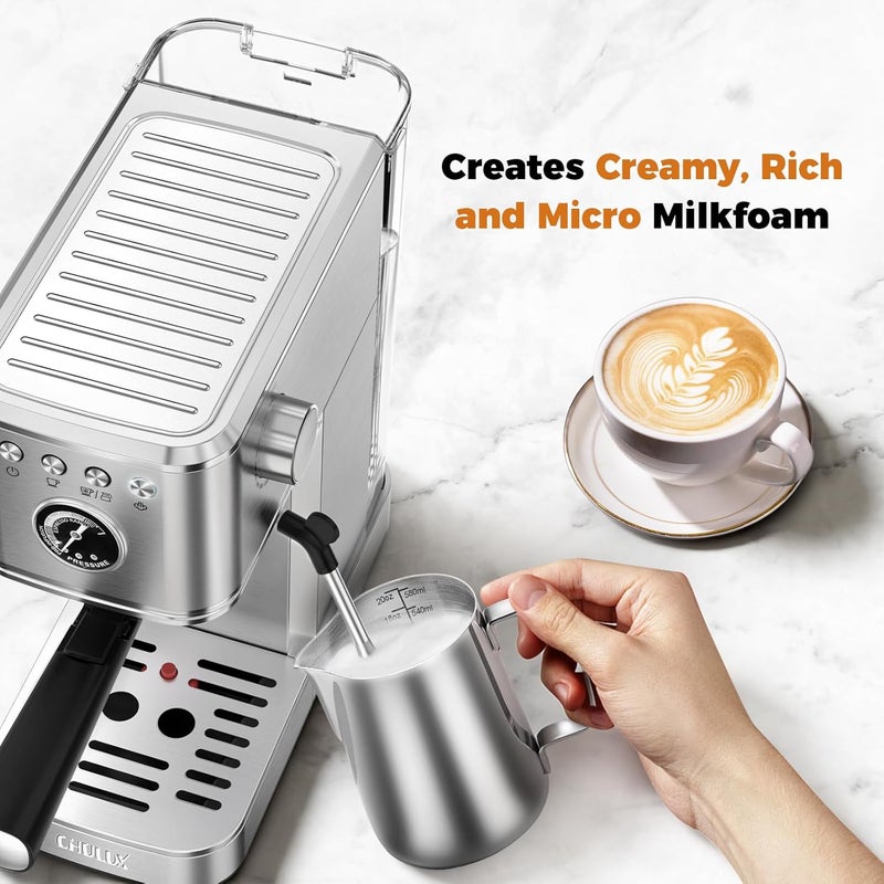 CHULUX Elite Espresso Machine 20 Bar, Compact Stainless Steel Hot and Ice Espresso Coffee Maker with Steam Wand for Americano, Latte, Cappuccino & Home Barista Brewing, Sliver - Image 4